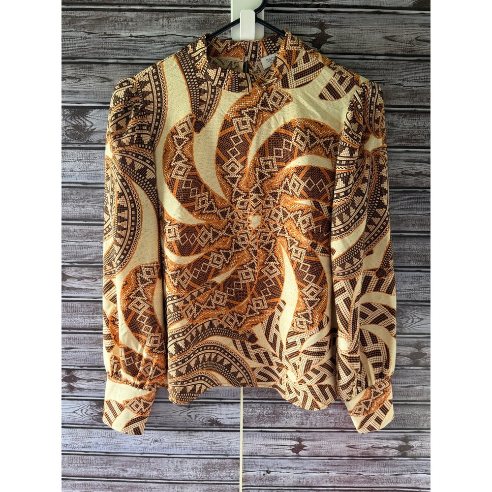 Rachel Zoe Women's Long-Sleeved Blouse Sz S Geometric Swirl Cream Brown Orange